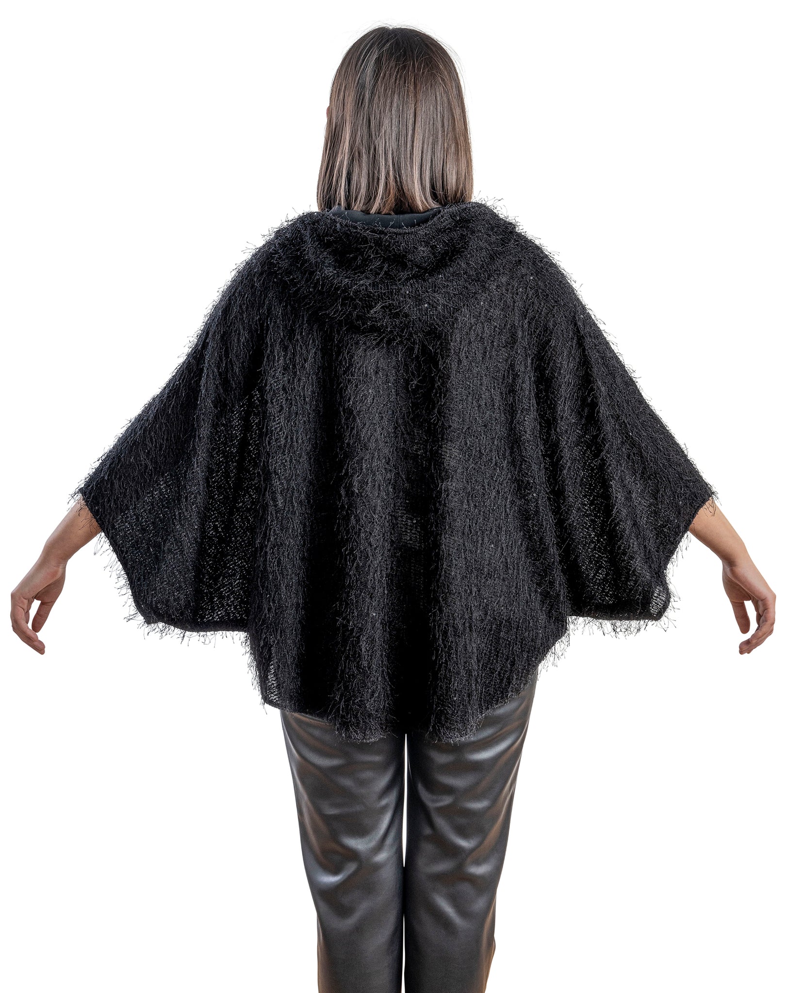 Finely tassled black hooded Poncho