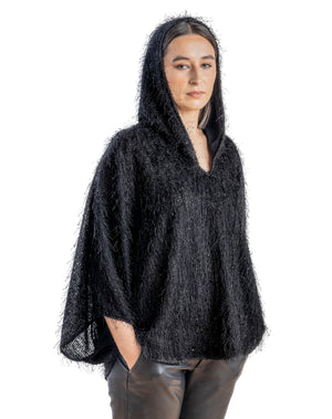 Finely tassled black hooded Poncho