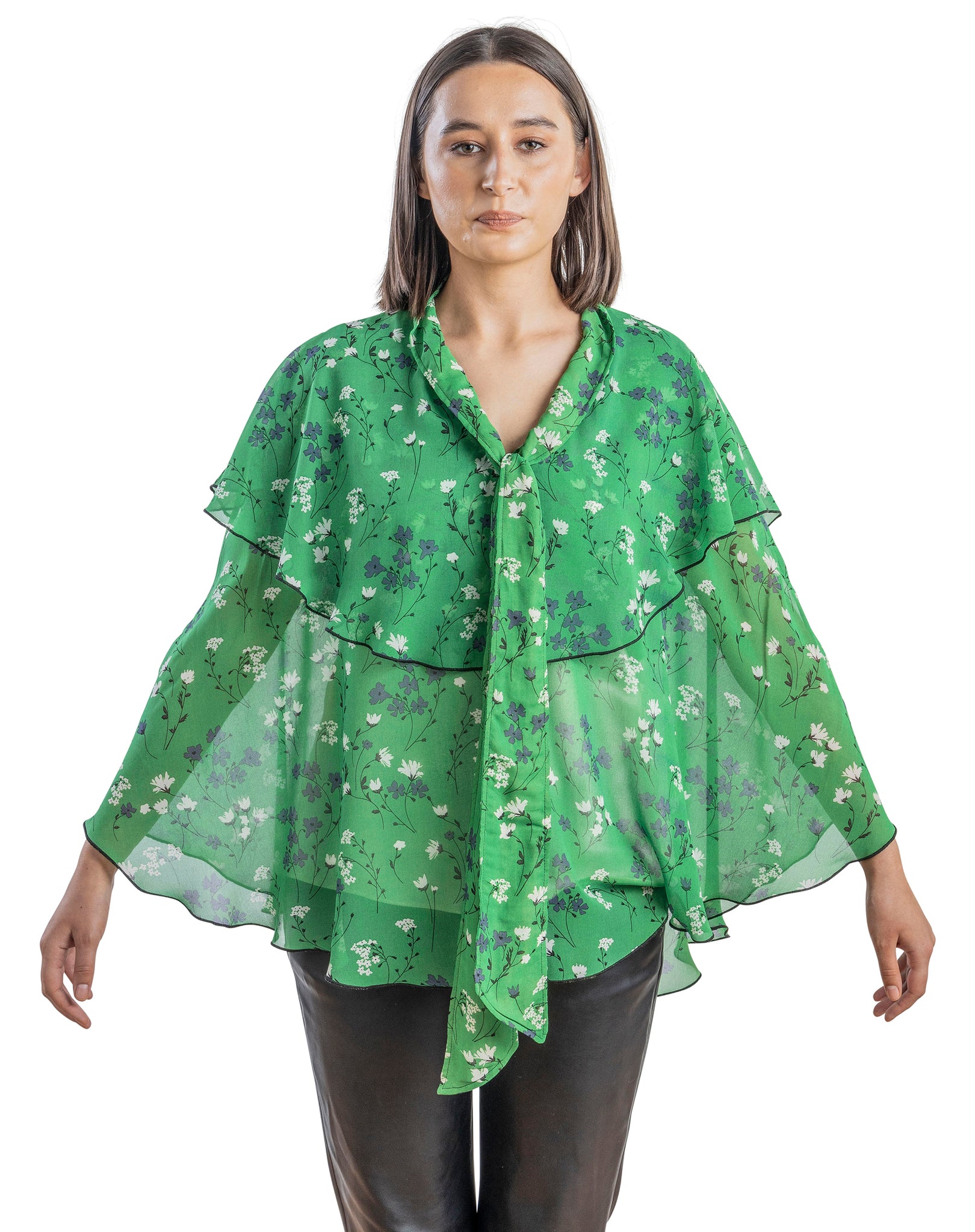 Printed Sheer Floral Poncho with bow tie.